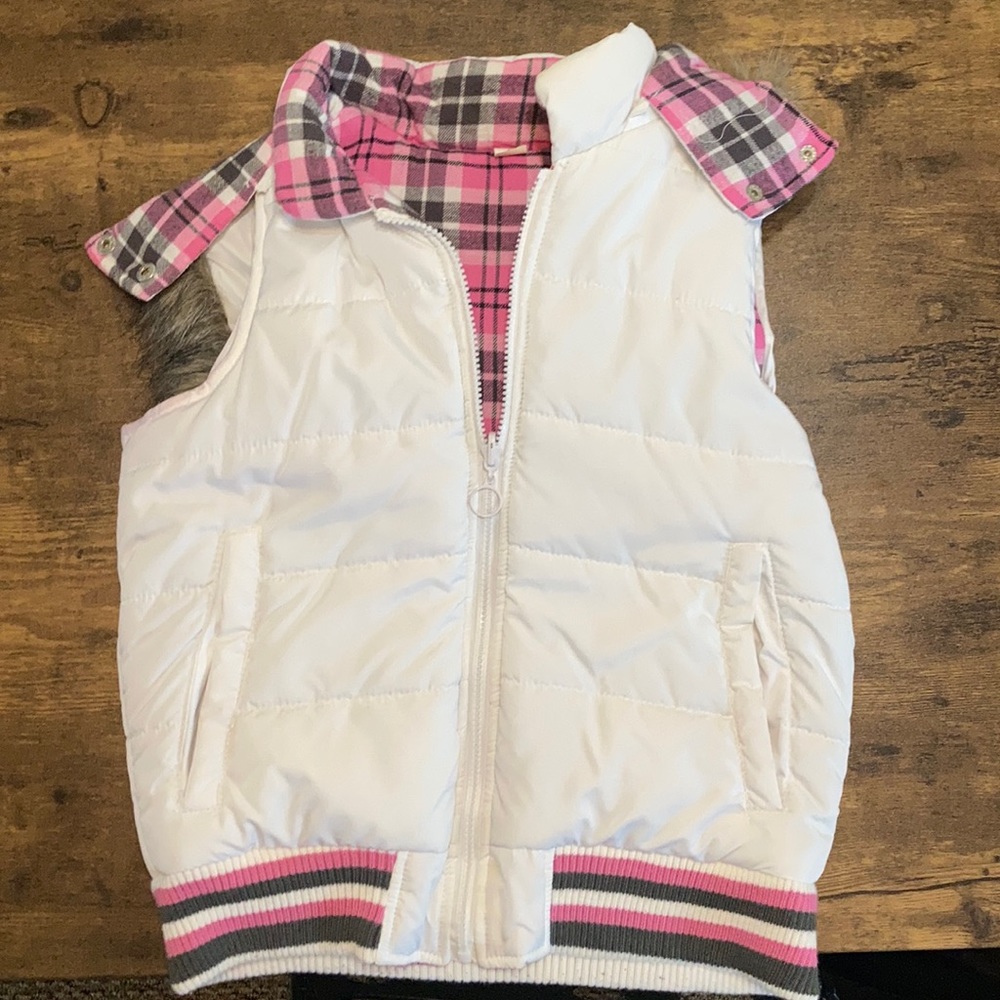 White and Pink Plaid Reversible Vest With Hood